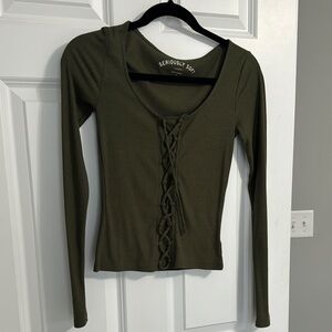 Olive Green Lace-Up Women's Top